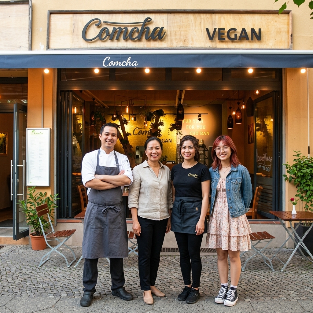 Comcha Family Team - Owner Nga, Phan Thanh, Cook, Sister & Waitress outside